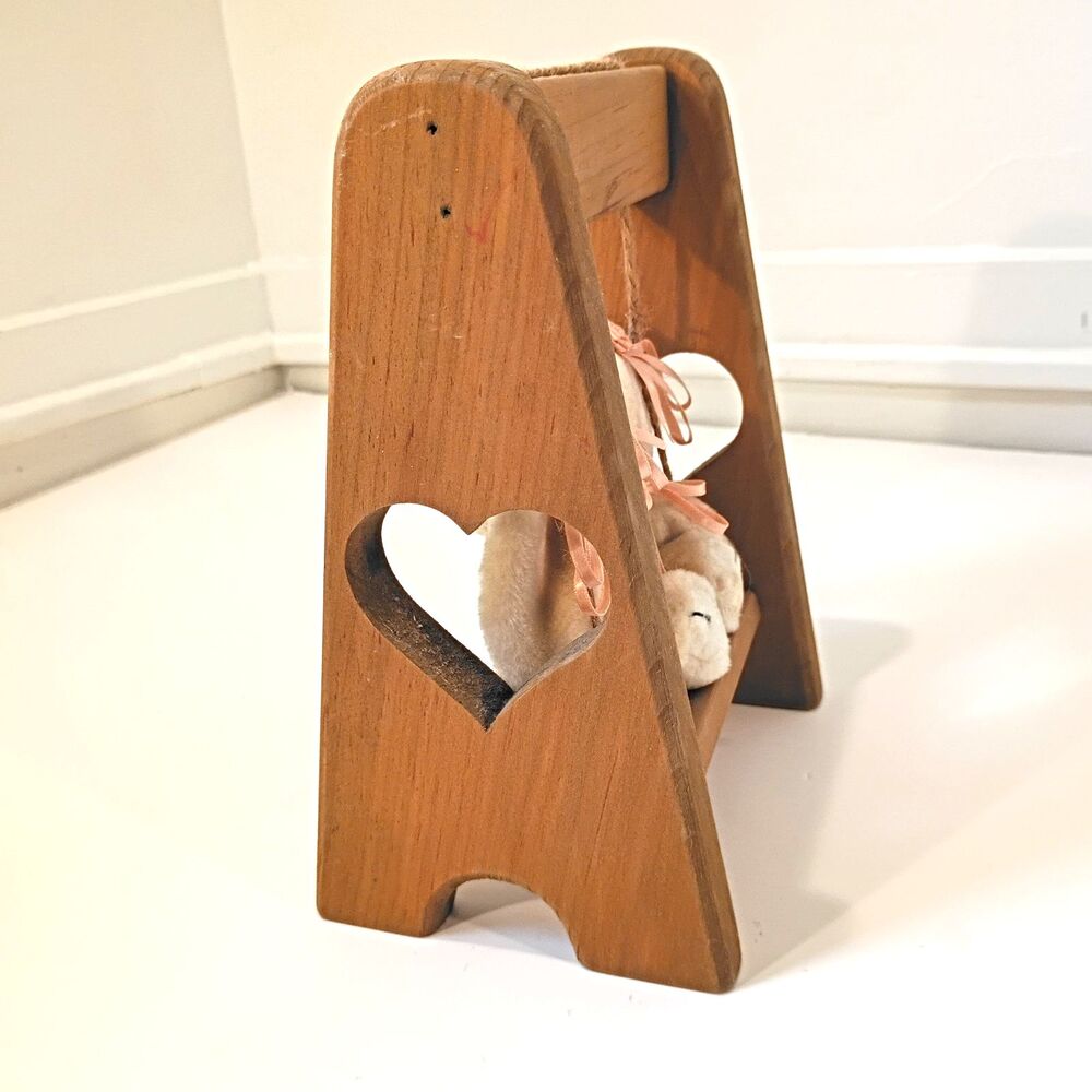 Plush Bunny Wooden Swing Heart Cutouts Pink Roses Cottage Core Shabby Chic VTG - Picture 3 of 12